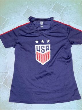 Kids Alex Morgan USA Crest Navy Soccer Jersey Top - White Crest Detail